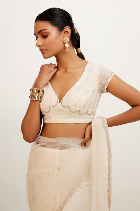 Buy_Devnaagri_Ivory Net, Silk Organza And Satin Cutdana V Sheer Saree With Embroidered Blouse _Online_at_Aza_Fashions
