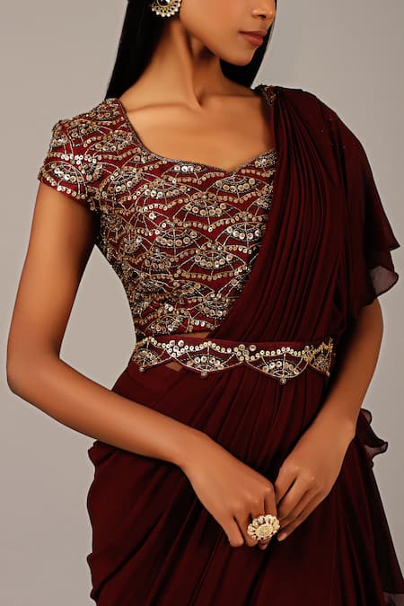 Buy Nidhika Shekhar Maroon Silk Georgette Lining Shantoon V Neck Pre-draped Saree Set Online at Aza Fashions Buy_Nidhika Shekhar_Maroon Silk Georgette Lining Shantoon V Neck Pre-draped Saree Set _Online_at_Aza_Fashions