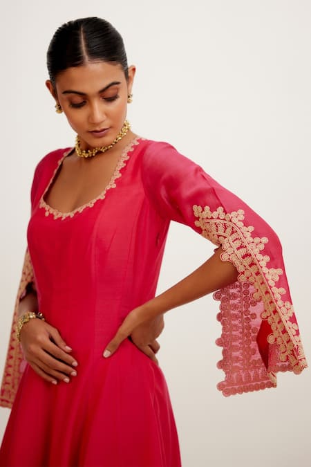 Buy Devnaagri Fuchsia Cotton Silk Blend, Shantoon And Organza Embroidered Sleeve Anarkali Set Online at Aza Fashions Buy_Devnaagri_Fuchsia Cotton Silk Blend, Shantoon And Organza Embroidered Sleeve Anarkali Set _Online_at_Aza_Fashions