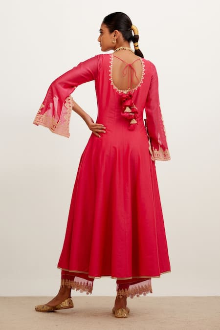Devnaagri Fuchsia Cotton Silk Blend, Shantoon And Organza Embroidered Sleeve Anarkali Set at Aza Fashions Devnaagri_Fuchsia Cotton Silk Blend, Shantoon And Organza Embroidered Sleeve Anarkali Set _at_Aza_Fashions