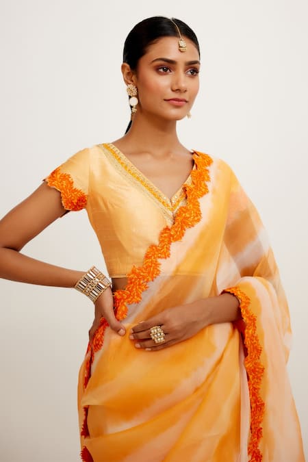 Devnaagri_Orange Organza And Raw Sequins, Tie Dye Saree With Embroidered Blouse _Online_at_Aza_Fashions