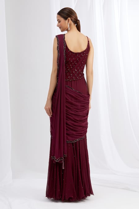Shop_Arpan Vohra_Purple Georgette Scoop Neck Embroidered Lehenga Saree With Blouse _at_Aza_Fashions