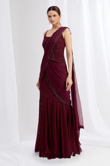 Arpan Vohra_Purple Georgette Scoop Neck Embroidered Lehenga Saree With Blouse _Online_at_Aza_Fashions