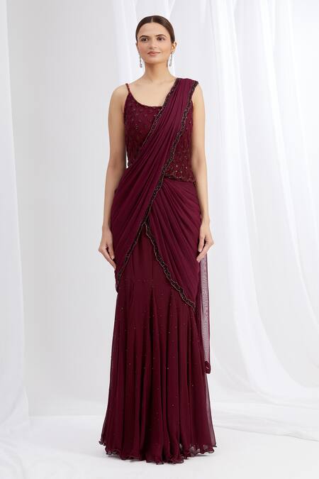 Buy_Arpan Vohra_Purple Georgette Scoop Neck Embroidered Lehenga Saree With Blouse _Online_at_Aza_Fashions