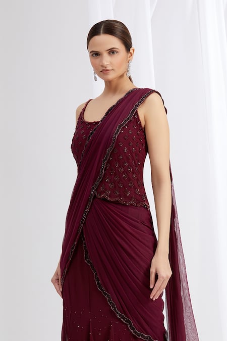 Shop_Arpan Vohra_Purple Georgette Scoop Neck Embroidered Lehenga Saree With Blouse _Online_at_Aza_Fashions