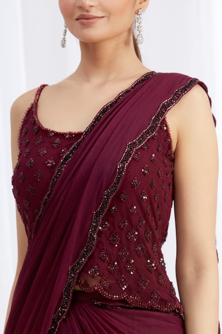 Arpan Vohra_Purple Georgette Scoop Neck Embroidered Lehenga Saree With Blouse _at_Aza_Fashions