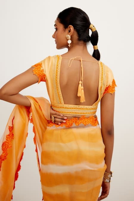 Buy_Devnaagri_Orange Organza And Raw Sequins, Tie Dye Saree With Embroidered Blouse _Online_at_Aza_Fashions