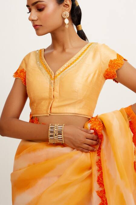 Shop_Devnaagri_Orange Organza And Raw Sequins, Tie Dye Saree With Embroidered Blouse _Online_at_Aza_Fashions