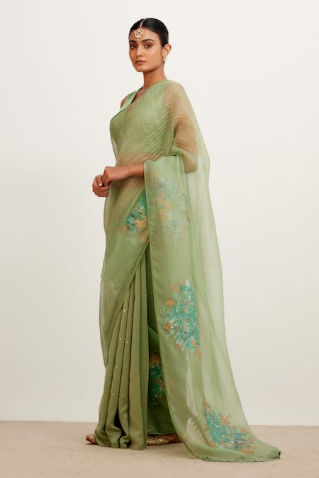 Devnaagri_Green Gajji , Organza And Chanderi Hand Painted Saree With Blouse _Online_at_Aza_Fashions