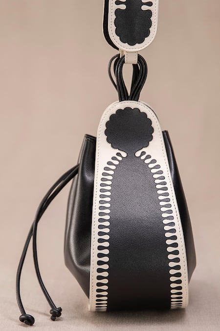 Shop_Ampm_Black Cut Work Nusrat Bucket Bag _Online_at_Aza_Fashions