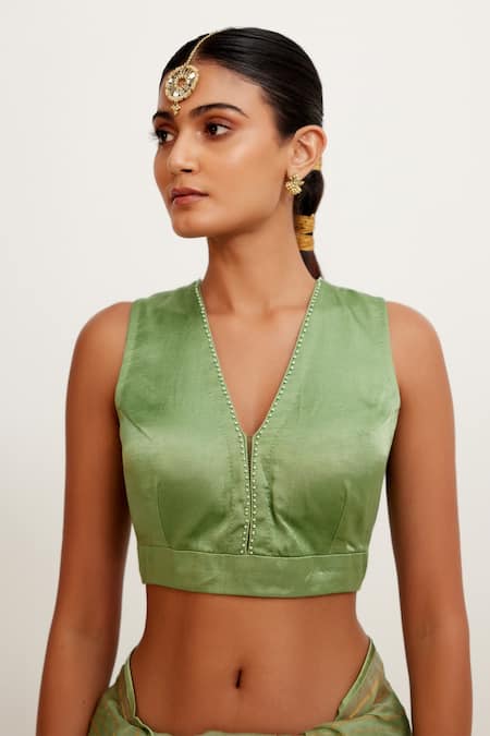 Shop_Devnaagri_Green Gajji , Organza And Chanderi Hand Painted Saree With Blouse _Online_at_Aza_Fashions