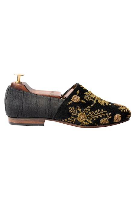 Artimen_Black Raw Silk, Velvet Handcrafted Embroidered Espadrilles _Online_at_Aza_Fashions