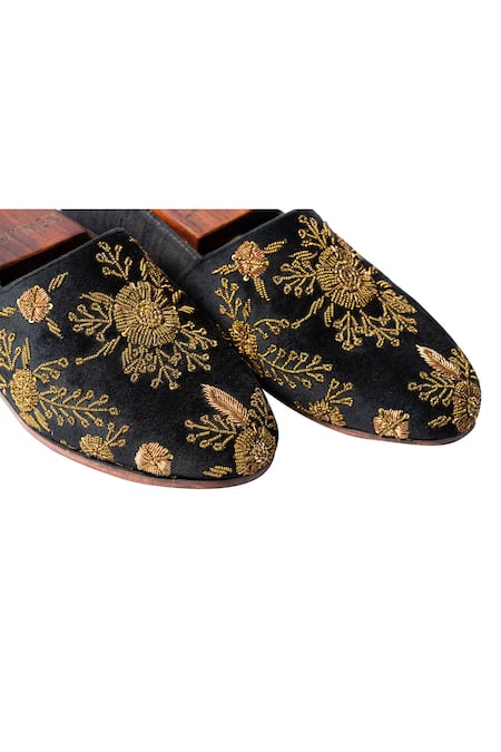 Shop_Artimen_Black Raw Silk, Velvet Handcrafted Embroidered Espadrilles _Online_at_Aza_Fashions