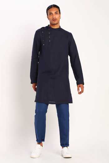 Son Of A Noble Snob_Blue Linen Kurta_Online_at_Aza_Fashions