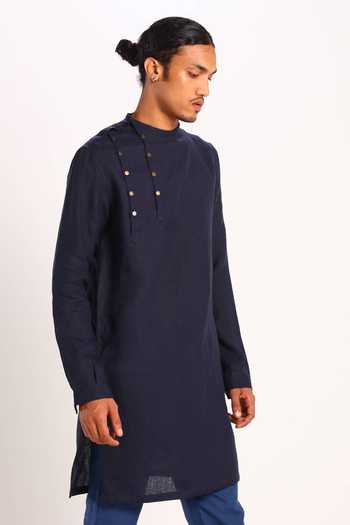 Shop_Son Of A Noble Snob_Blue Linen Kurta_Online_at_Aza_Fashions