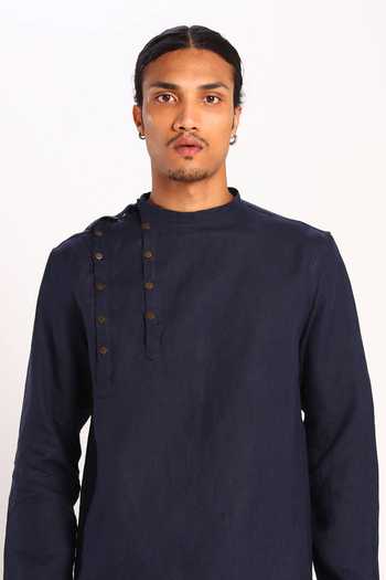 Son Of A Noble Snob_Blue Linen Kurta_at_Aza_Fashions