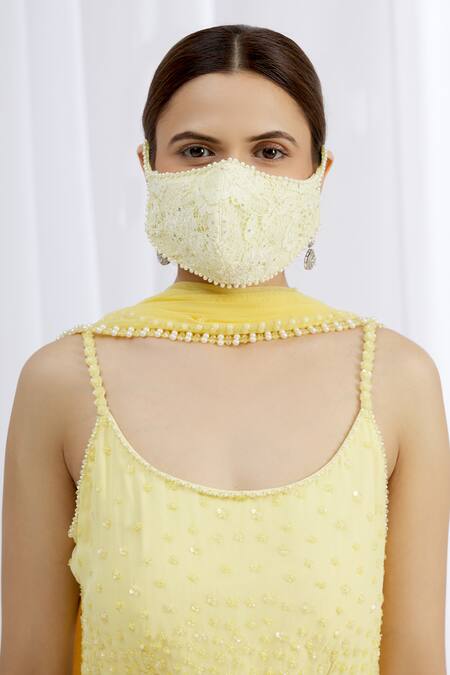 Buy_Arpan Vohra_Yellow Embroidered Chikankari Face Mask Single Pc_Online_at_Aza_Fashions