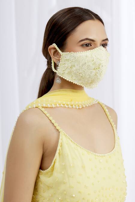 Arpan Vohra_Yellow Embroidered Chikankari Face Mask Single Pc_Online_at_Aza_Fashions