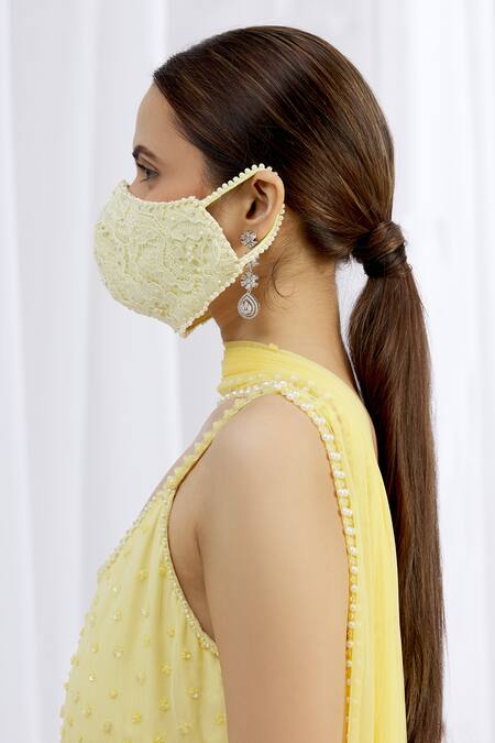 Shop_Arpan Vohra_Yellow Embroidered Chikankari Face Mask Single Pc_Online_at_Aza_Fashions