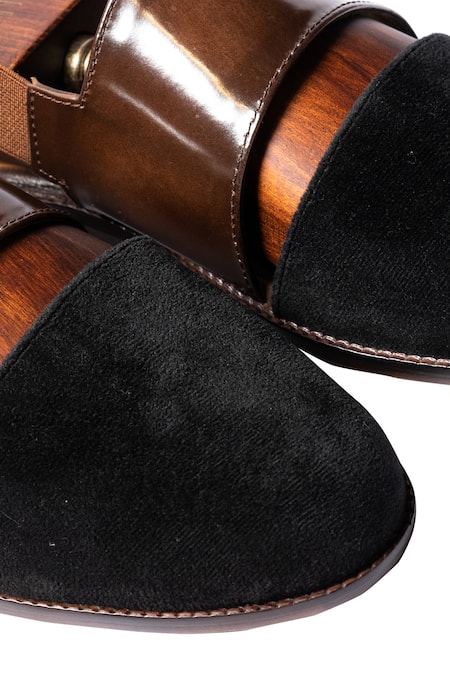 Shop_Artimen_Black Leather, Velvet Handcrafted Cutout Sandals _Online_at_Aza_Fashions