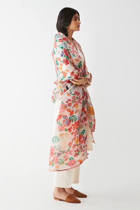 Kshitij Jalori_Beige Silk Satin Organza Floral Print Dupatta _Online_at_Aza_Fashions