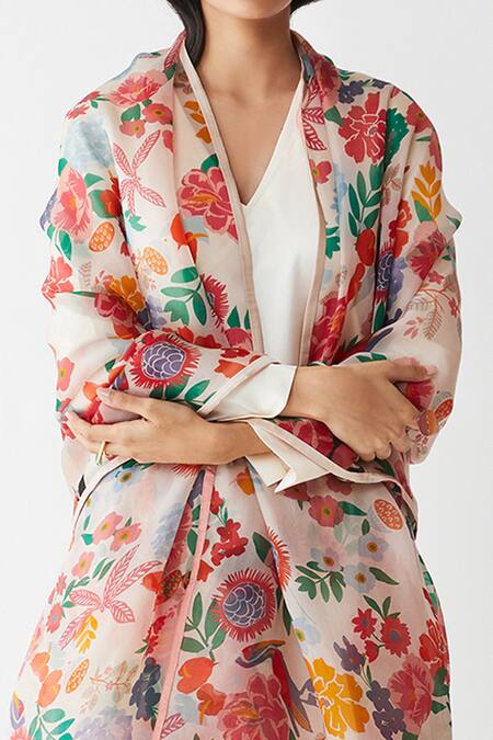 Shop_Kshitij Jalori_Beige Silk Satin Organza Floral Print Dupatta _Online_at_Aza_Fashions