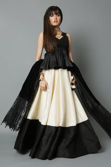 House Of Three_Black Net, Chanderi, Velvet Bead , Lace Chantilly Peplum Top _Online_at_Aza_Fashions