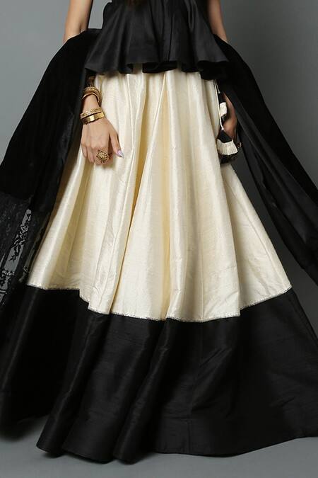 House Of Three_Black Net, Chanderi, Velvet Bead , Lace Chantilly Peplum Top _at_Aza_Fashions