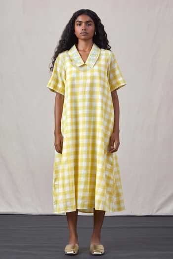 The Summer House Yellow Cotton Embroidery Collared Navvi Handwoven Dress Online at Aza Fashions The Summer House_Yellow Cotton Embroidery Collared Navvi Handwoven Dress_Online_at_Aza_Fashions