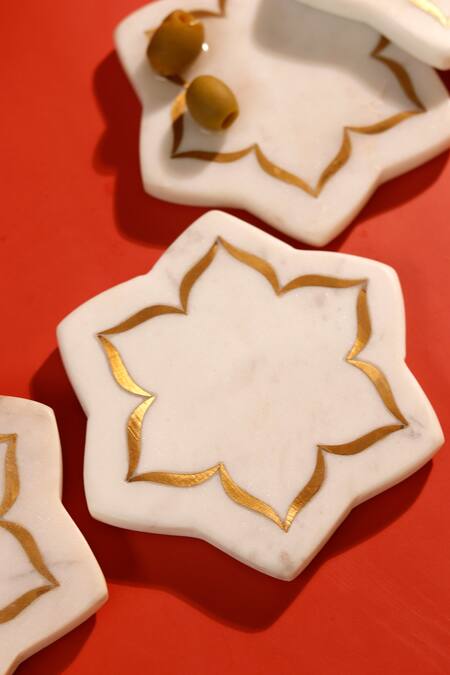 Shop_Elysian Home_White Marble Lotus Coasters Set Of 4_Online_at_Aza_Fashions