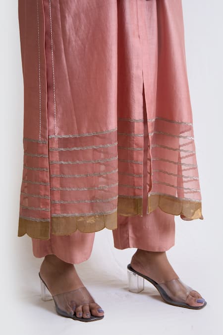 Buy_Brij_Pink Chanderi Silk, Spandex Pearls, Applique Potli Detailed Kurta And Pant Set _Online_at_Aza_Fashions