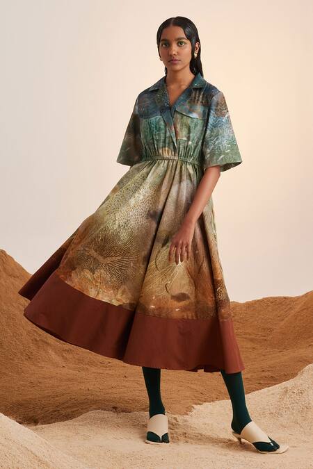 Cord_Blue Cotton Collared Underwater Print Dress_Online_at_Aza_Fashions