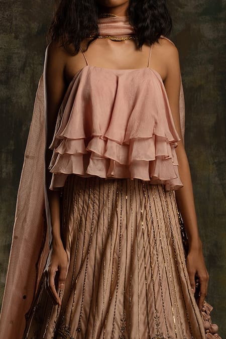 Mona And Vishu Pink Lehenga And Blouse Dupion Dupatta Kota Floral Embroidered Set Online at Aza Fashions Mona And Vishu_Pink Lehenga And Blouse Dupion Dupatta Kota Floral Embroidered Set _Online_at_Aza_Fashions