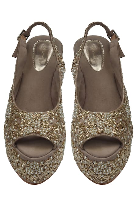 Shop Aprajita Toor Beige Embellished Metallic Pepe-toe Wedges at Aza Fashions Shop_Aprajita Toor_Beige Embellished Metallic Pepe-toe Wedges_at_Aza_Fashions