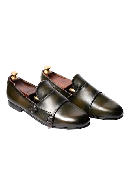 Artimen Green Leather Handcrafted Double Monk Loafers 