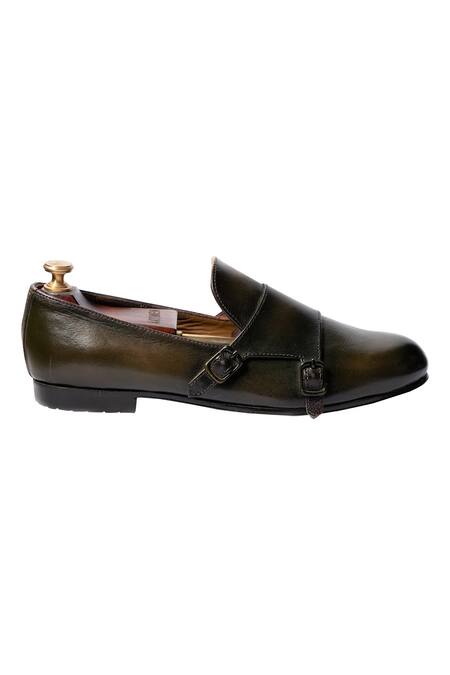 Artimen_Green Leather Handcrafted Double Monk Loafers_Online_at_Aza_Fashions