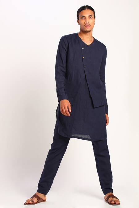 Son Of A Noble Snob_Blue Linen Kurta_Online_at_Aza_Fashions