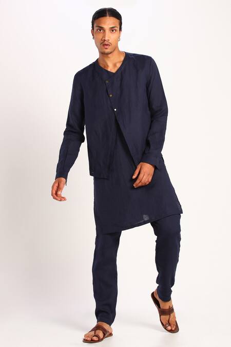 Buy_Son Of A Noble Snob_Blue Linen Kurta_Online_at_Aza_Fashions
