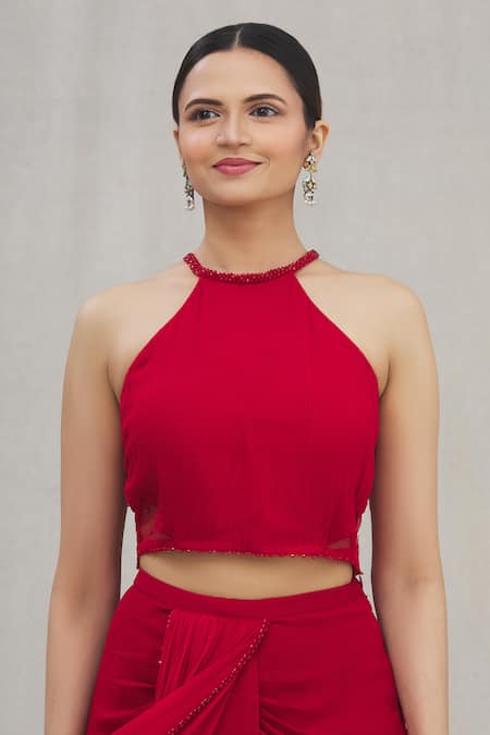 Shop Arpan Vohra Red Georgette Round Pre-draped Saree With Blouse Online at Aza Fashions Shop_Arpan Vohra_Red Georgette Round Pre-draped Saree With Blouse_Online_at_Aza_Fashions