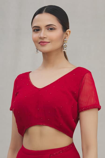 Shop_Arpan Vohra_Red Georgette V Neck Pre-draped Saree With Blouse_Online_at_Aza_Fashions