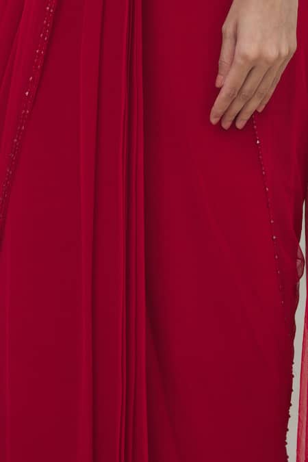 Arpan Vohra_Red Georgette V Neck Pre-draped Saree With Blouse_at_Aza_Fashions