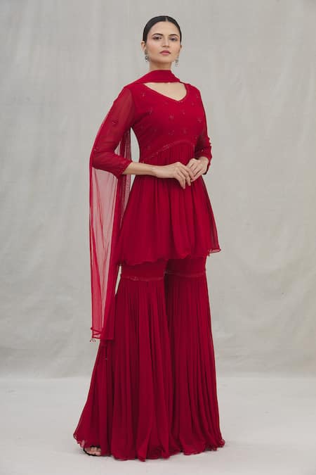 ARPAN VOHRA Red Georgette Embroidery V Neck Peplum Kurta Set 