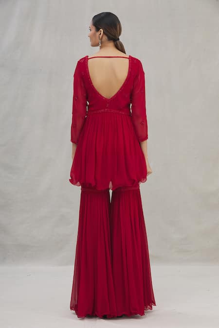 Shop Arpan Vohra Red Georgette V Neck Peplum Kurta Set at Aza Fashions Shop_Arpan Vohra_Red Georgette V Neck Peplum Kurta Set_at_Aza_Fashions