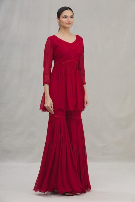 Arpan Vohra Red Georgette V Neck Peplum Kurta Set Online at Aza Fashions Arpan Vohra_Red Georgette V Neck Peplum Kurta Set_Online_at_Aza_Fashions