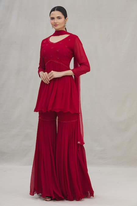 Buy Arpan Vohra Red Georgette V Neck Peplum Kurta Set Online at Aza Fashions Buy_Arpan Vohra_Red Georgette V Neck Peplum Kurta Set_Online_at_Aza_Fashions