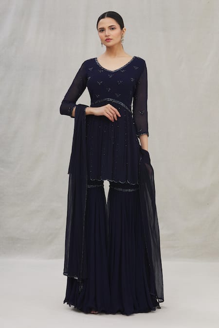 Buy Arpan Vohra Blue Georgette V Neck Peplum Kurta Set Online at Aza Fashions Buy_Arpan Vohra_Blue Georgette V Neck Peplum Kurta Set_Online_at_Aza_Fashions