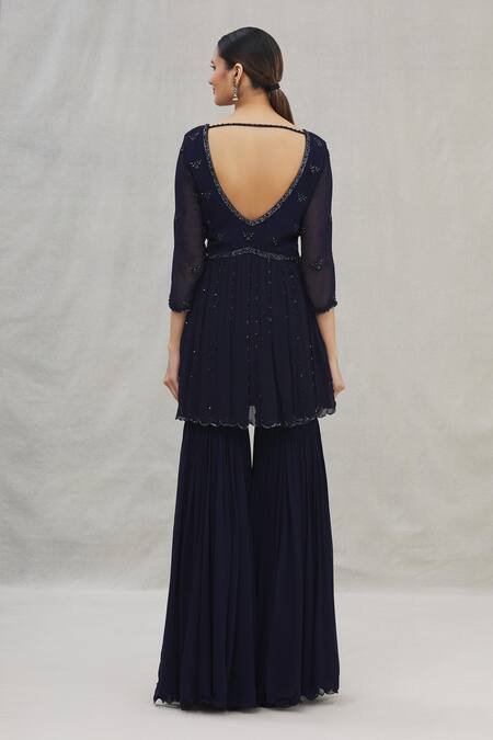 Shop Arpan Vohra Blue Georgette V Neck Peplum Kurta Set at Aza Fashions Shop_Arpan Vohra_Blue Georgette V Neck Peplum Kurta Set_at_Aza_Fashions