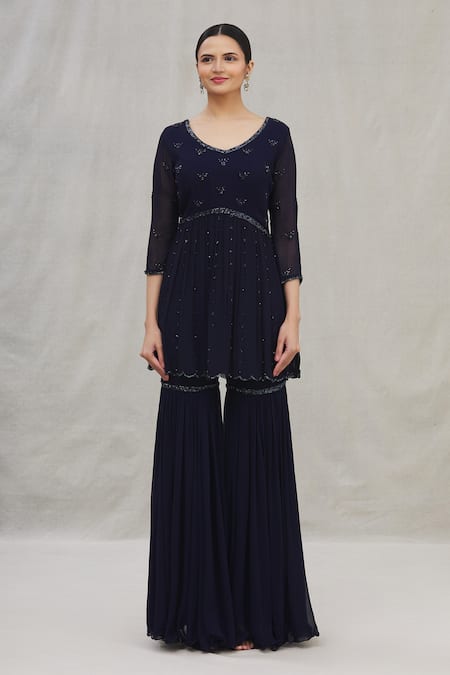 Arpan Vohra Blue Georgette V Neck Peplum Kurta Set Online at Aza Fashions Arpan Vohra_Blue Georgette V Neck Peplum Kurta Set_Online_at_Aza_Fashions