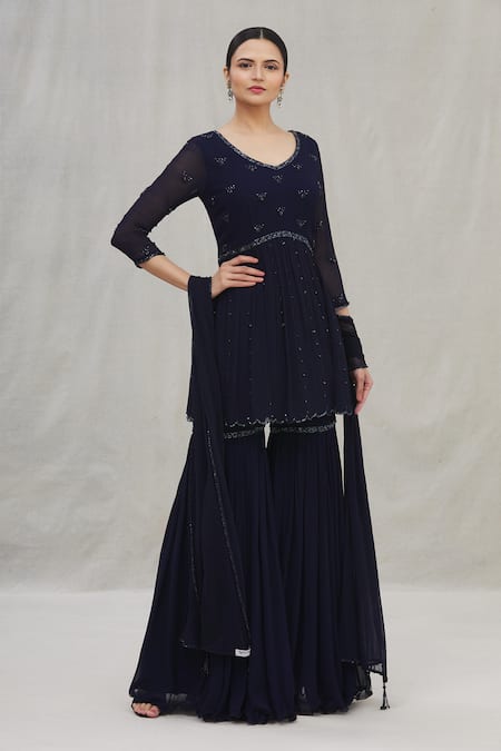 Arpan Vohra Blue Georgette Embroidery V Neck Peplum Kurta Set