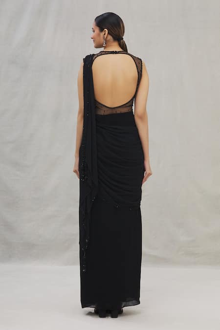 Shop Arpan Vohra Black Georgette Round Pre-draped Saree Gown at Aza Fashions Shop_Arpan Vohra_Black Georgette Round Pre-draped Saree Gown_at_Aza_Fashions